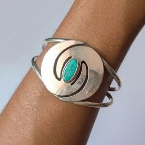 Vintage Sterling Silver Cuff Bracelet Turquoise Yin Yang Swirl Wave Modernist